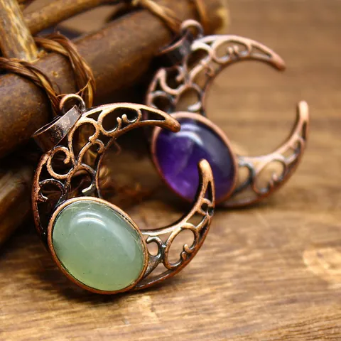 Collar con Colgante de Luna Hueca de Piedra Natural Vintage Cadena de Suéter Étnica de Aleación para Mujer Joyería Boho