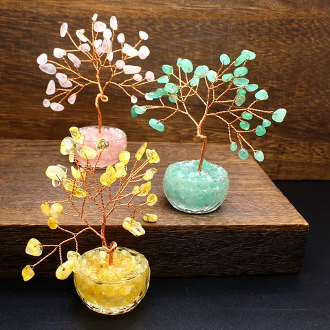 Handmade Natural Crystal Stone Money Tree Life Tree Healing Energy Stones Copper Wire Wrapped Desk Ornament Home Office Decor
