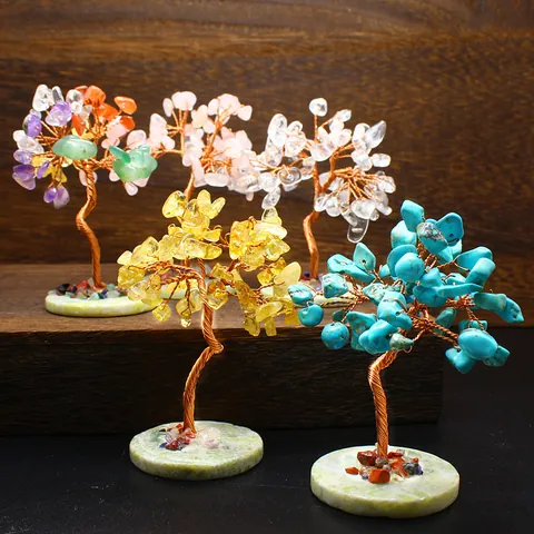 Handmade Chakra Mini Crystal Tree Natural Stone Wire Wrapped Tree With Calcite Slice Base Feng Shui Healing Crystal Decor