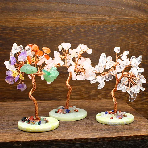 Handmade Chakra Mini Crystal Tree Natural Stone Wire Wrapped Tree With Calcite Slice Base Feng Shui Healing Crystal Decor