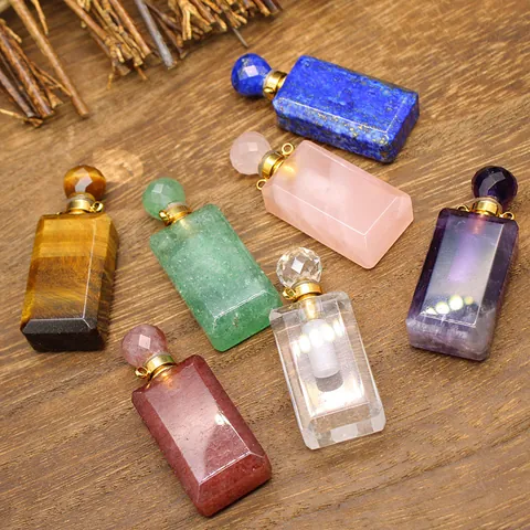 Naturstein Parfümflasche Anhänger Rechteckig Kristall Ätherisches Öl Fläschen Charms Für Halskette Machen Poliert Geometrische Schmuck Zubehör Großhandel