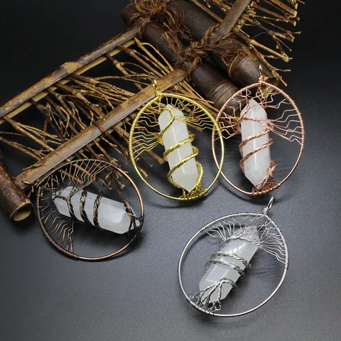 Handmade Wire Wrapped Tree of Life Hexagonal Column Crystal Pendant For Women Bohemian Natural Stone Healing Jewelry Necklace