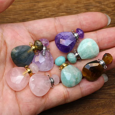 Natural Stone Faceted Water Drop Perfume Bottle Pendant Essential Oil Diffuser Vial Necklace Making Jewelry For Women Copper Accessories
