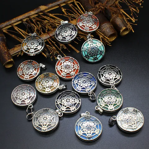 Collier Pendentif Pierre de Cristal Naturelle Cube de Métatron Étoile de David Géométrie Sacrée Pendentif Rond en Alliage Ajouré