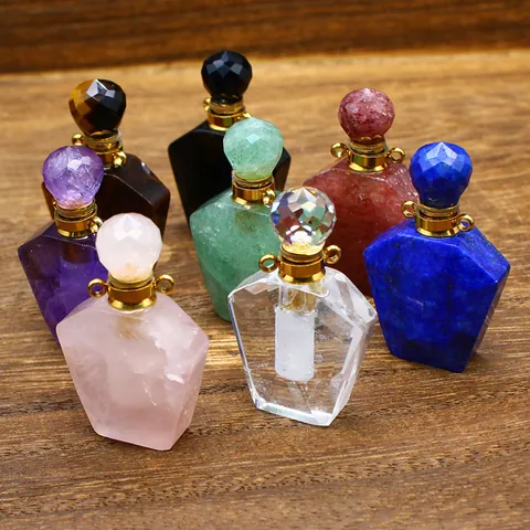 Natural Stone Faceted Crystal Essential Oil Bottle Pendant Necklace Polished Geometric Hexagon Aromatherapy Diffuser Bottle For Women Jewelry