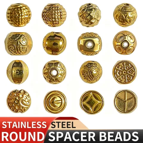 Stainless Steel Electroplated Gold Beads Spacer Beads For DIY Jewelry Making Multiple Vintage Patterns Round Barrel Beads