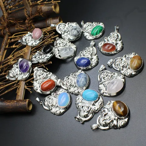 Vintage Laughing Buddha Pendant Necklace Natural Stone Inlaid Alloy Charm Lapis Lazuli Tiger Eye Ethnic Guochao Jewelry For Women Men Gift