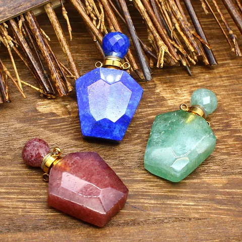 Natural Stone Faceted Crystal Essential Oil Bottle Pendant Necklace Polished Geometric Hexagon Aromatherapy Diffuser Bottle For Women Jewelry