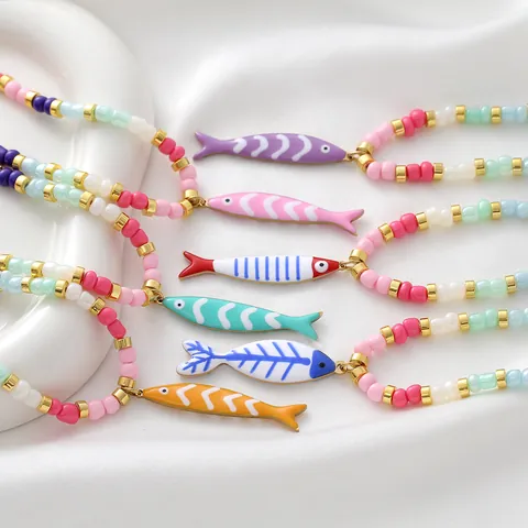 Halskette Aus Edelstahl Mit Gestreiftem Fisch Anhänger Bunte Reisperlen Kette Sommer Ozean Stil Schmuck Für Damen Unisex