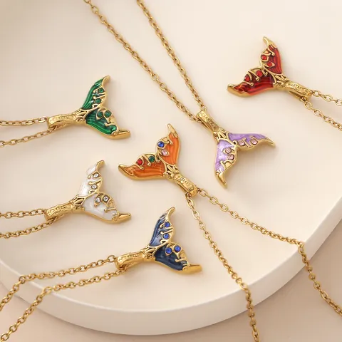 Stainless Steel Gold Plated Mermaid Tail Pendant Necklace Ocean Enamel Rhinestone Beach Holiday Style Charm Choker For Women Unisex