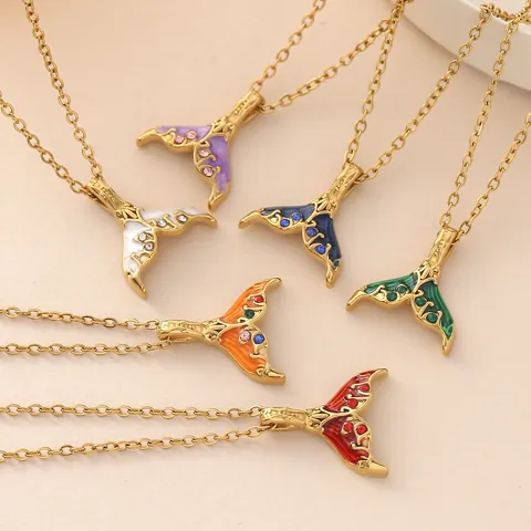 Stainless Steel Gold Plated Mermaid Tail Pendant Necklace Ocean Enamel Rhinestone Beach Holiday Style Charm Choker For Women Unisex