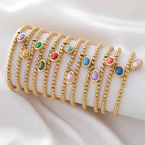 Women's Stainless Steel Birthstone Bracelet Gold Plated Round Beads Oval Natural Stone Pendant Fashion Jewelry Gift