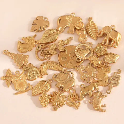 18K Vergoldeter Edelstahl Anhänger Charms Für DIY Halskette Armband Herstellung Blatt Elefant Feder Eule Sonne Schmuckzubehör