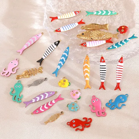 Edelstahl Meerestiere Cartoon Anhänger Gestreifter Fisch Oktopus Knochen Emaille Charms Für DIY Halskette Armband Herstellung