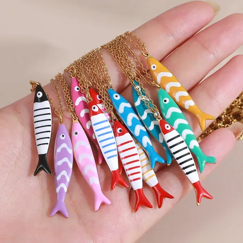 Edelstahl Marine Gestreifter Fisch Emaille Anhänger Halskette Für Damen Bunte Meerestier Choker Täglich Mode Schmuck Geschenk