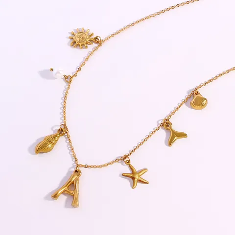 Sommer Ozean Thema Edelstahl Anhänger Halskette Für Damen 18K Vergoldet Muschel Seestern Künstliche Perle Initial Buchstabe Schmuck