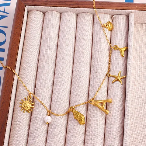 Sommer Ozean Thema Edelstahl Anhänger Halskette Für Damen 18K Vergoldet Muschel Seestern Künstliche Perle Initial Buchstabe Schmuck