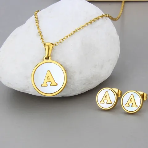 Edelstahl Muschel Buchstabe Halskette Ohrringe Set Für Damen Rund Initial Anhänger Schmuck Gold Vergoldet Mode Accessoire Geschenk
