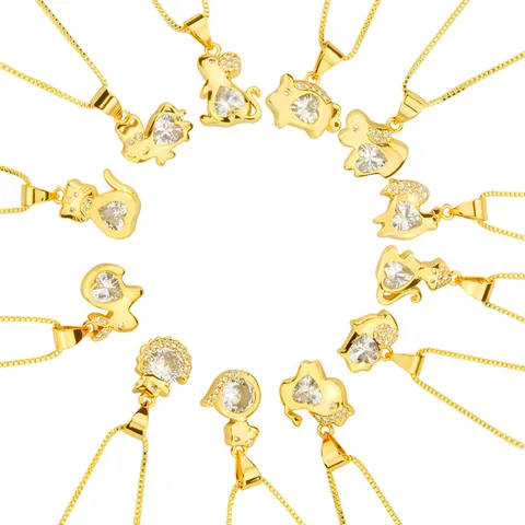 Edelstahl Chinesische Tierkreiszeichen Tier Anhänger Halskette Gold Silber Galvanisiert Strass Schlüsselbein Kette Schmuck