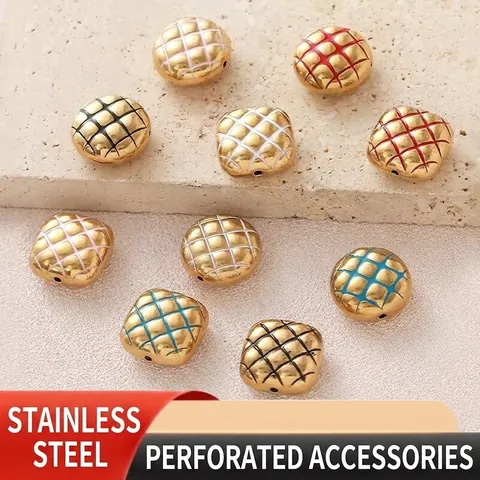 Stainless Steel Gold Plated Enamel Spacer Beads Colorful Round Square Pineapple Pattern Beads For DIY Jewelry Making Necklace Bracelet Accessories