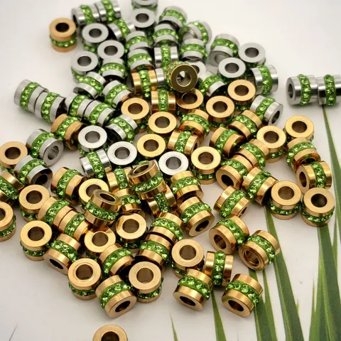 Stainless Steel Waterproof 18K Gold Plated Waist Shape Green Zirconia Wheel Spacer Beads For DIY Jewelry Making Accessory