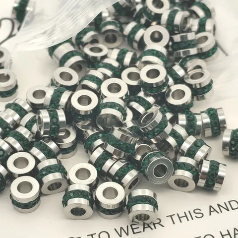 Stainless Steel Small Waist Spacer Bead Inlaid Green Rhinestone Through Hole Tube Beads DIY Jewelry Bracelet Accessories