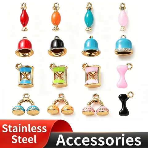 Vergoldeter Edelstahl Emaille Anhänger Strass Glocke Sanduhr Süßigkeiten Knochen Charms Für DIY Halskette Armband Herstellung