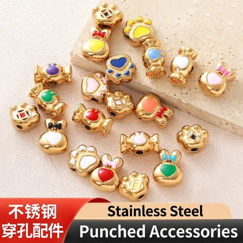 Süße Edelstahl Gold Überzogen Emaille Katzenpfote Hase Süßigkeiten Großloch Abstandsperlen Für DIY Halskette Armband Schmuckherstellung Zubehör