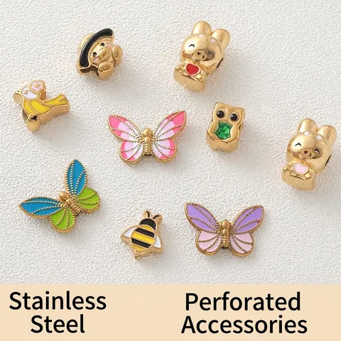 18K Gold Plated Stainless Steel Enamel Animal Charms Colorful Butterfly Bee Rabbit Bird Owl Loose Beads For DIY Jewelry Making