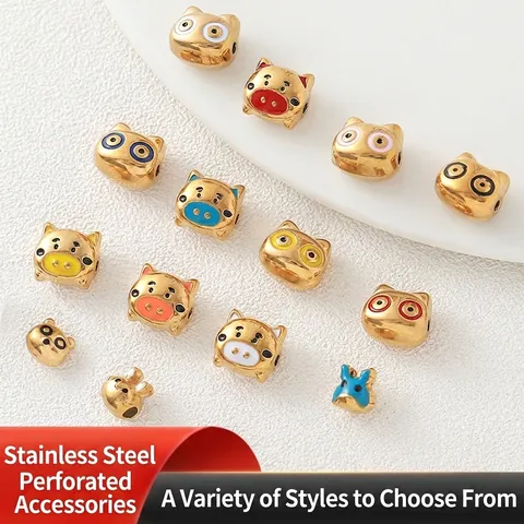 Gold Plated Stainless Steel Enamel Cartoon Animal Pig Rabbit Beads For DIY Necklace Bracelet Making Jewelry Charms Accessories
