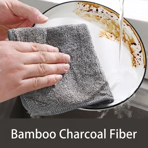 Thickened Bamboo Fiber Cleaning Cloth Super Absorbent Lint-Free Bamboo Charcoal Dishcloth Grey Kitchen Cleaning Rag Household Reusable Scouring Pad
