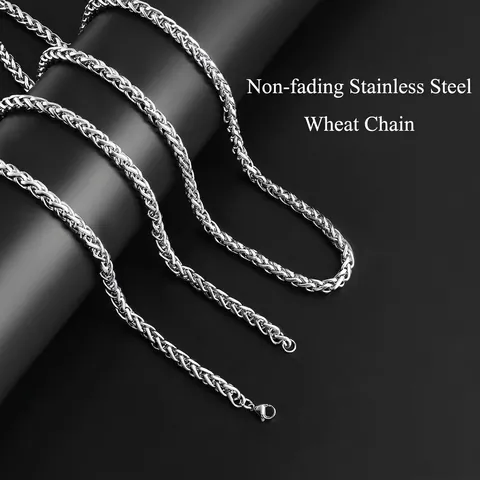 Collana a Catena Spiga in Acciaio Inossidabile Hip Hop Trecciata Link Chain Uomo Donna Colore Argento Gioielli Streetwear