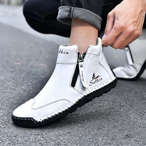 Men's Casual Pigskin Short Boots Handmade Stitched Side Zipper Flat Outdoor Large Size Martin Boots British Style