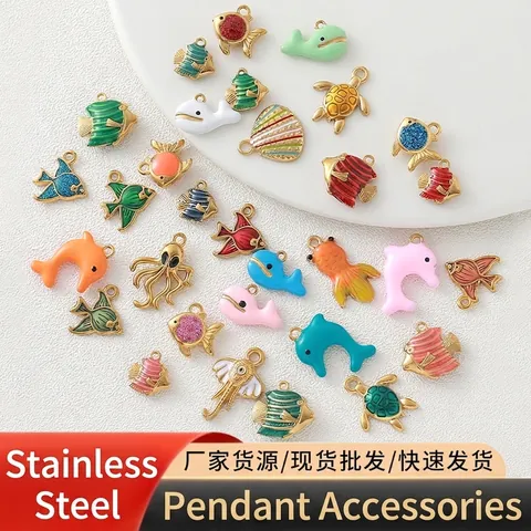 Edelstahl Vergoldet Ozean Serie Meerestier Charms Muschel Fisch Schildkröte Seestern Emaille Anhänger Für DIY Schmuckherstellung Zubehör