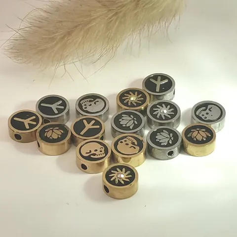 Stainless Steel Drip Oil Round Beads Skull Lotus Sunflower Rune Rhinestone DIY Jewelry Findings Straight Hole Spacer Beads