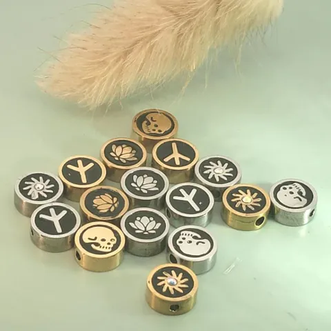 Stainless Steel Drip Oil Round Beads Skull Lotus Sunflower Rune Rhinestone DIY Jewelry Findings Straight Hole Spacer Beads