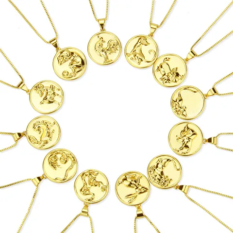 18K Vergoldet Edelstahl Chinesisches Sternzeichen Münze Anhänger Halskette Für Damen Minimalist Zwölf Zeichen Schmuck Geschenk