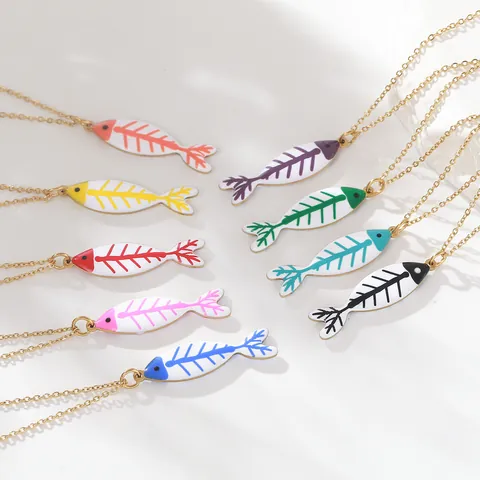 Collar Con Colgante de Espina de Pescado de Acero Inoxidable Chapado en Oro Joyas de Esmalte para Playa de Verano