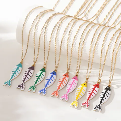 Collar Con Colgante de Espina de Pescado de Acero Inoxidable Chapado en Oro Joyas de Esmalte para Playa de Verano