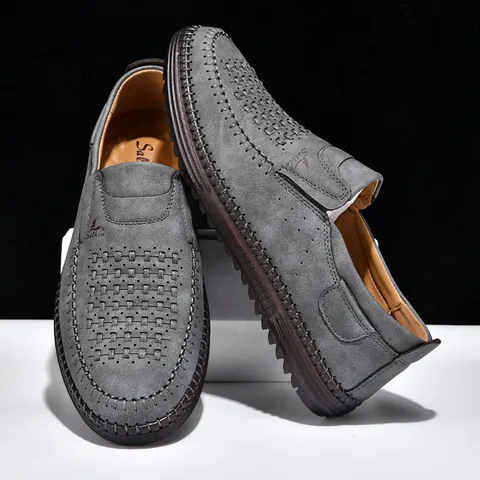 Chaussures Décontractées en Cuir pour Hommes Couture à la Main Microfibre Respirante Perforée Extérieur Légères Chaussures de Marche