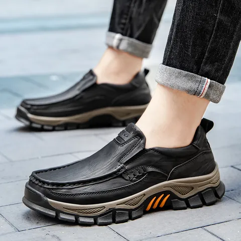 Men Outdoor Casual Microfiber Leather Shoes Slip-On Wear-Resistant Hiking Shoes Men Large Size Solid Color Flat Footwear