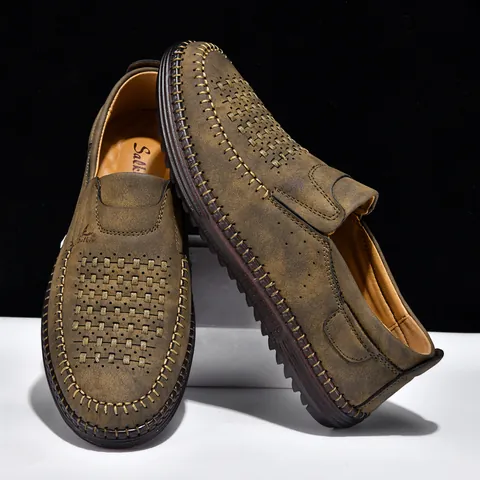 Chaussures Décontractées en Cuir pour Hommes Couture à la Main Microfibre Respirante Perforée Extérieur Légères Chaussures de Marche