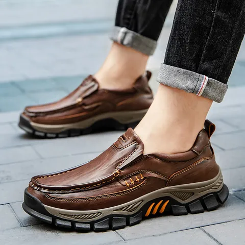 Men Outdoor Casual Microfiber Leather Shoes Slip-On Wear-Resistant Hiking Shoes Men Large Size Solid Color Flat Footwear