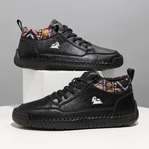 Unisex Microfiber Leather Martens Boots Ethnic Woven Pattern Outdoor Casual Mid-Top Workwear Stitched Sole Boots