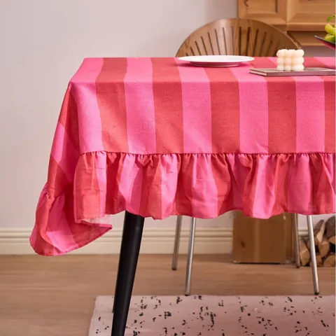 Nappe Rayée de Style Coréen Avec Bord à Volants Mélange de Coton et Lin Nappe Vintage Imprimée Décoration de Table Pour Maison Cuisine
