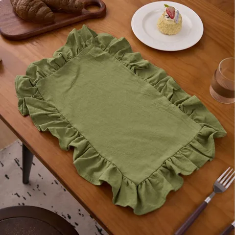 Korean Style Solid Color Ruffle Placemat Polyester Cotton Washed Look Round Rectangular Square Table Mat Home Decoration