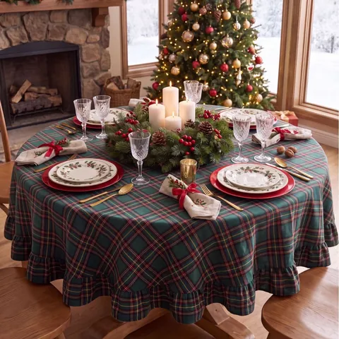Christmas Plaid Round Tablecloth With Ruffled Edge Gold Stamping Snowflake Pattern French Retro Festive Dining Table Decor
