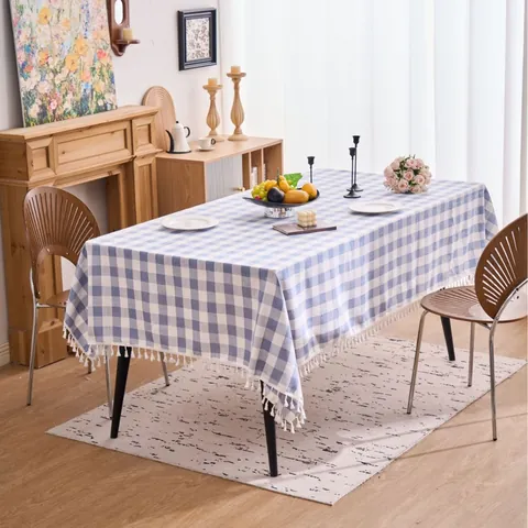Minimalist Plaid Checkered Tablecloth With Tassels Cotton Linen Look Polyester Yarn Dyed Rectangle Dining Table Cover
