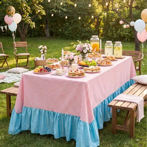 French Vintage Thickened Sunscreen Tablecloth Pink Gingham Ruffled Edge Round Rectangular Outdoor Picnic Garden Party Table Cover