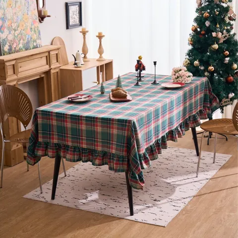 Christmas Red Green Plaid Tablecloth With Ruffles French Retro American Country Style Cotton Linen Blend Table Cover For Dining Room Holiday Party Decor